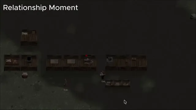 In-game clip still: survivors Bran and Cole at night beside a row of wooden workstations.